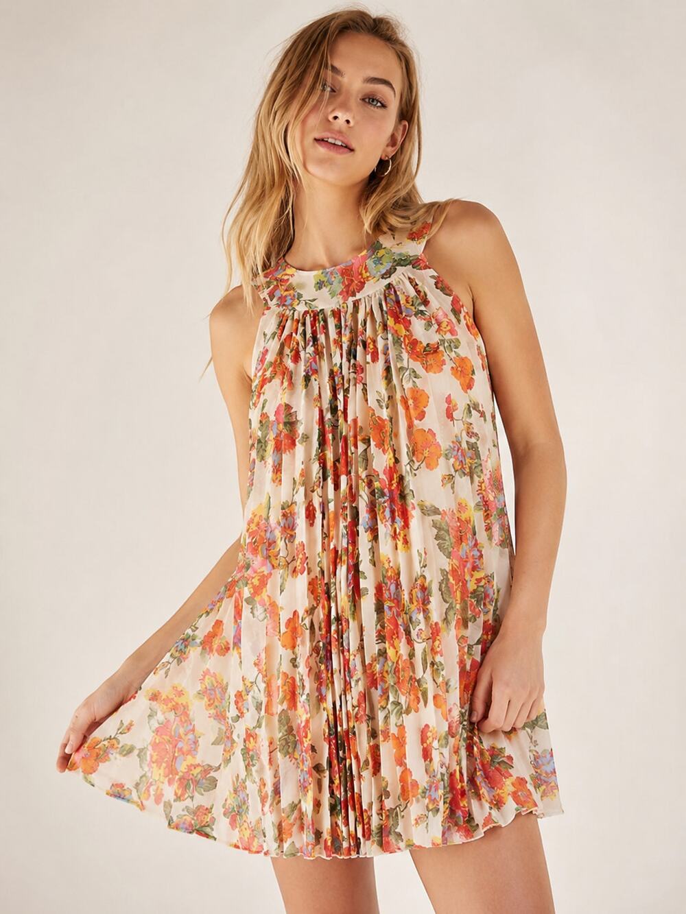 Free People SZ XS Floral Accordion Pleated Mini Dress OB502840